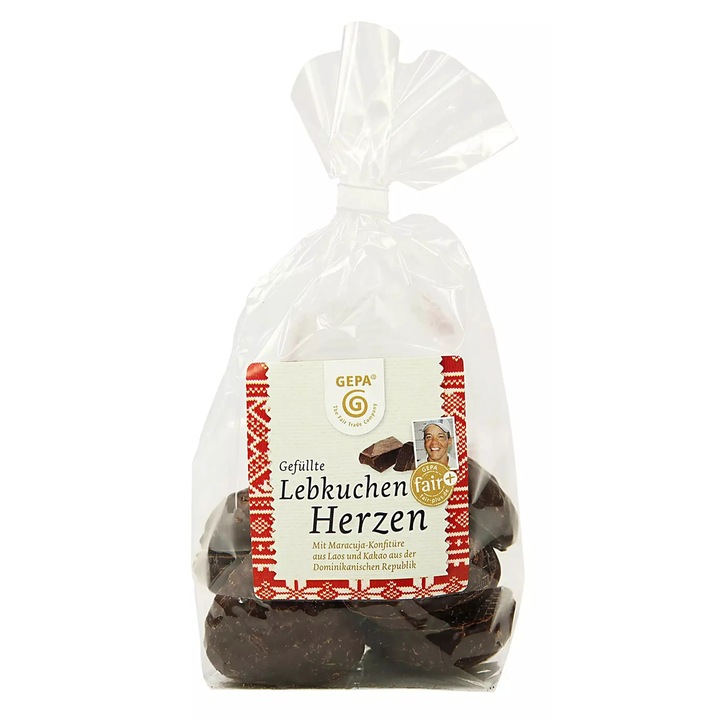 Inimioare umplute din turta dulce glazurate cu ciocolata neagra, 125g Gepa