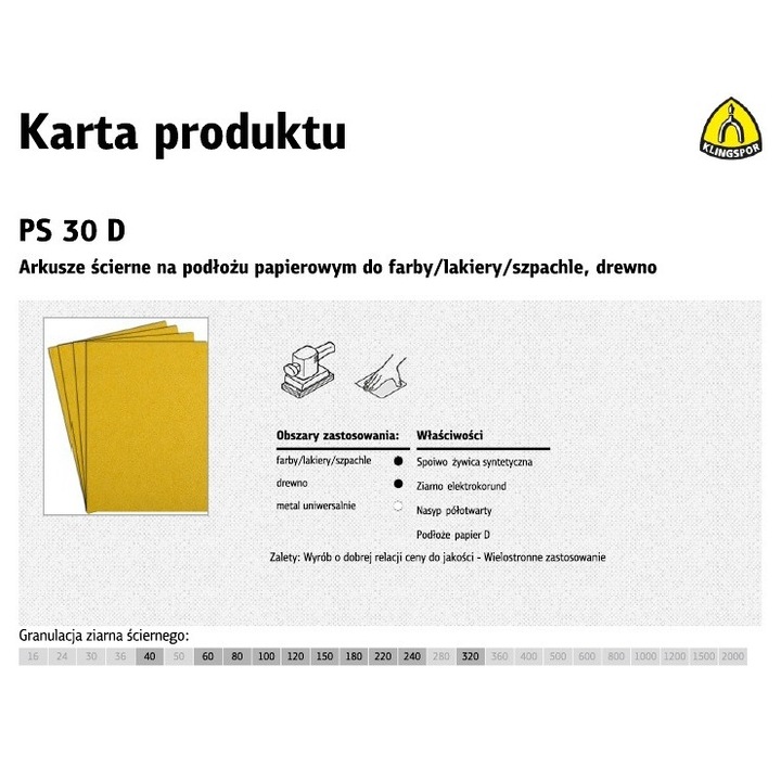 Hartie abraziva KLINGSPOR PS30D, 230x280mm, granulatie 40, set 50 bucati