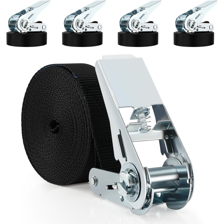 Set de 4 Chinga Ancorare, 2, 5 cm x 4 m, de ancorare reglabile cu blocare prin strangere, capacitate de pana la 1000 kg, de ancorare extrem de robuste, potrivite pentru incarcatura fixa, masina, motocicleta, colete de bagaje, Universala, Negru