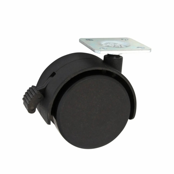 Rotila pentru mobila, pivotanta, cu frana, din plastic, negru, cu placa, diametru 40 mm