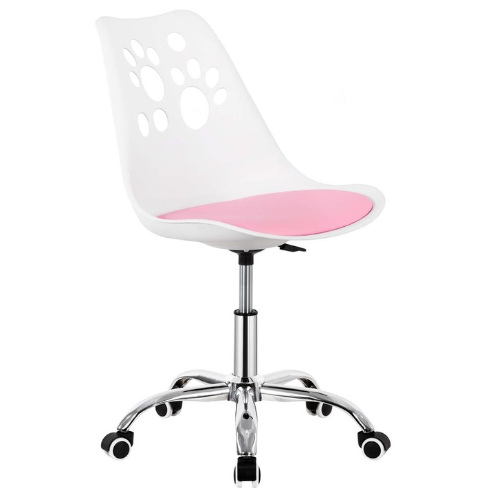 Scaun birou ergonomic, cu sezut din spuma, reglabil pe inaltime, maxim 120 kg, 90x49x48 cm, alb si roz