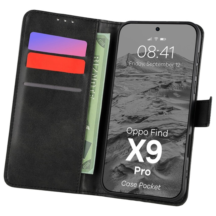 Husa tip carte Bizon Case Pocket pentru Oppo Find X9 Pro, Negru