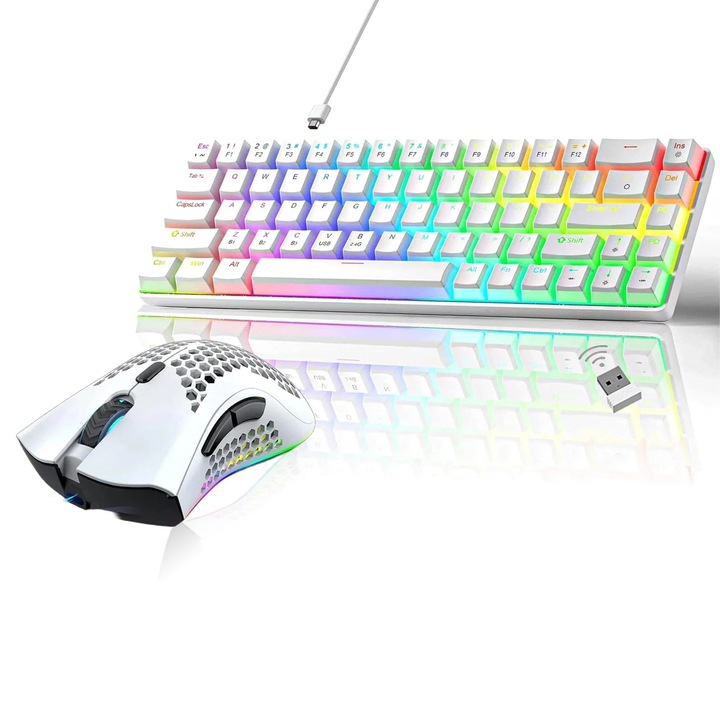 Pachet Gaming Timebox – Tastatura Mecanica Gaming, Wireless, 60%, LED, 68 taste PBT, Bluetooth, 2,4G, cablu Type-C, Red Swtich, Compatibila Universal + Mouse gaming wireless, ultrausor 95g, FastCharge, USB, 2,4 GHz, RGB Led, 2 Butoane Programabile, Alb