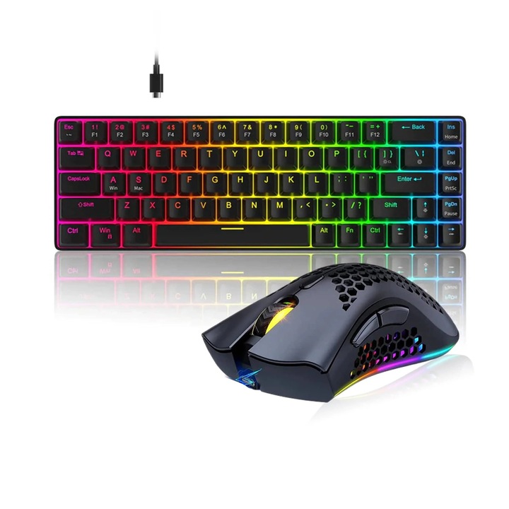 Pachet Gaming Timebox: Mouse gaming wireless Timebox, 95g, FastCharge, USB 2,4 GHz, RGB Led, 2 Butoane Programabile, Negru + Tastatura Mecanica Gaming Timebox, RGB personalizata, Switch-uri Rosii, Anti-Ghosting, 60% compact, USB-C, Negru