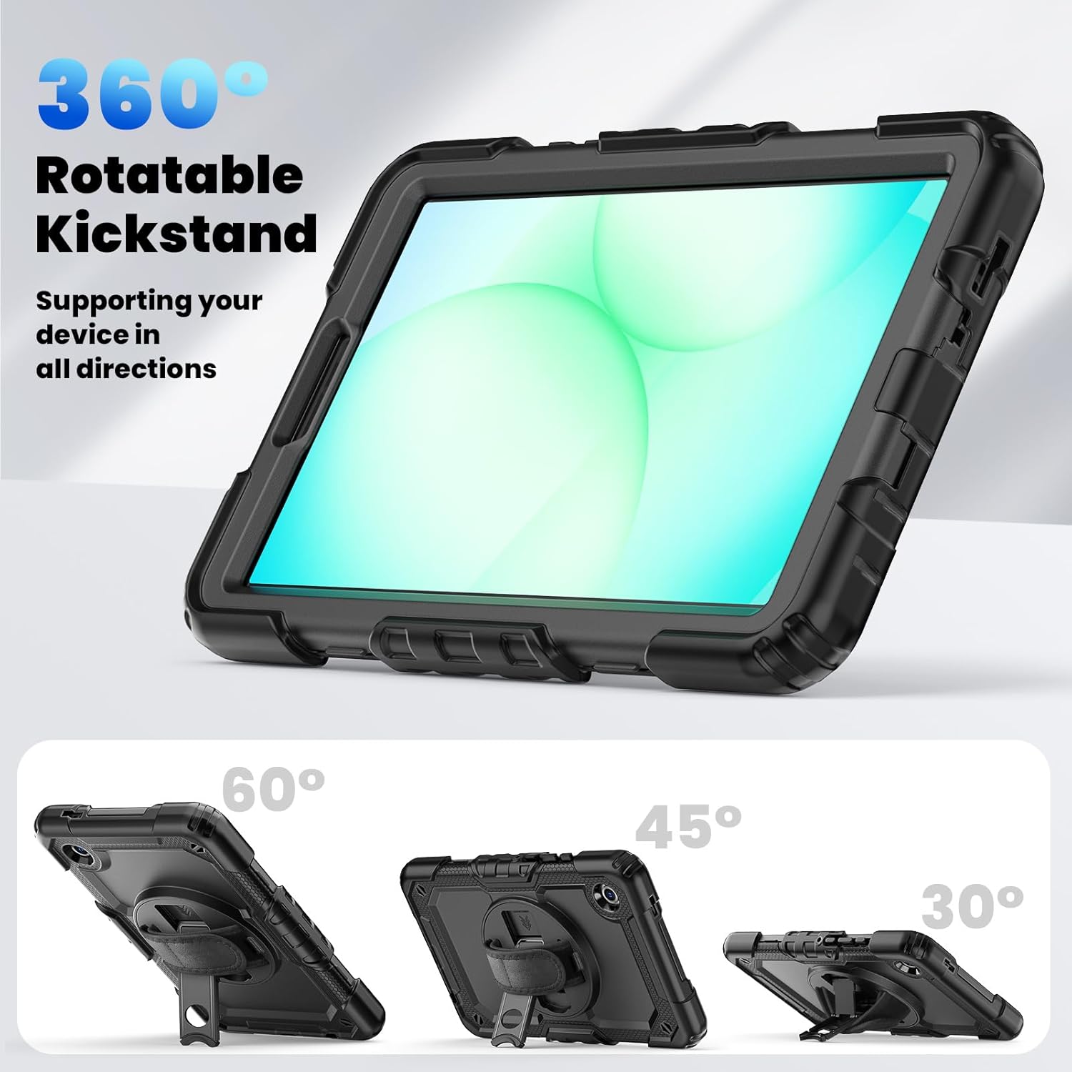 Pachet 360: Husa cu folie integrata pentru Samsung Galaxy Tab A11 Plus 11 inch Shockproof Armor de tip stand, Rotire 360°, Suport Reglabil si Curea de Mana & Umar - negru