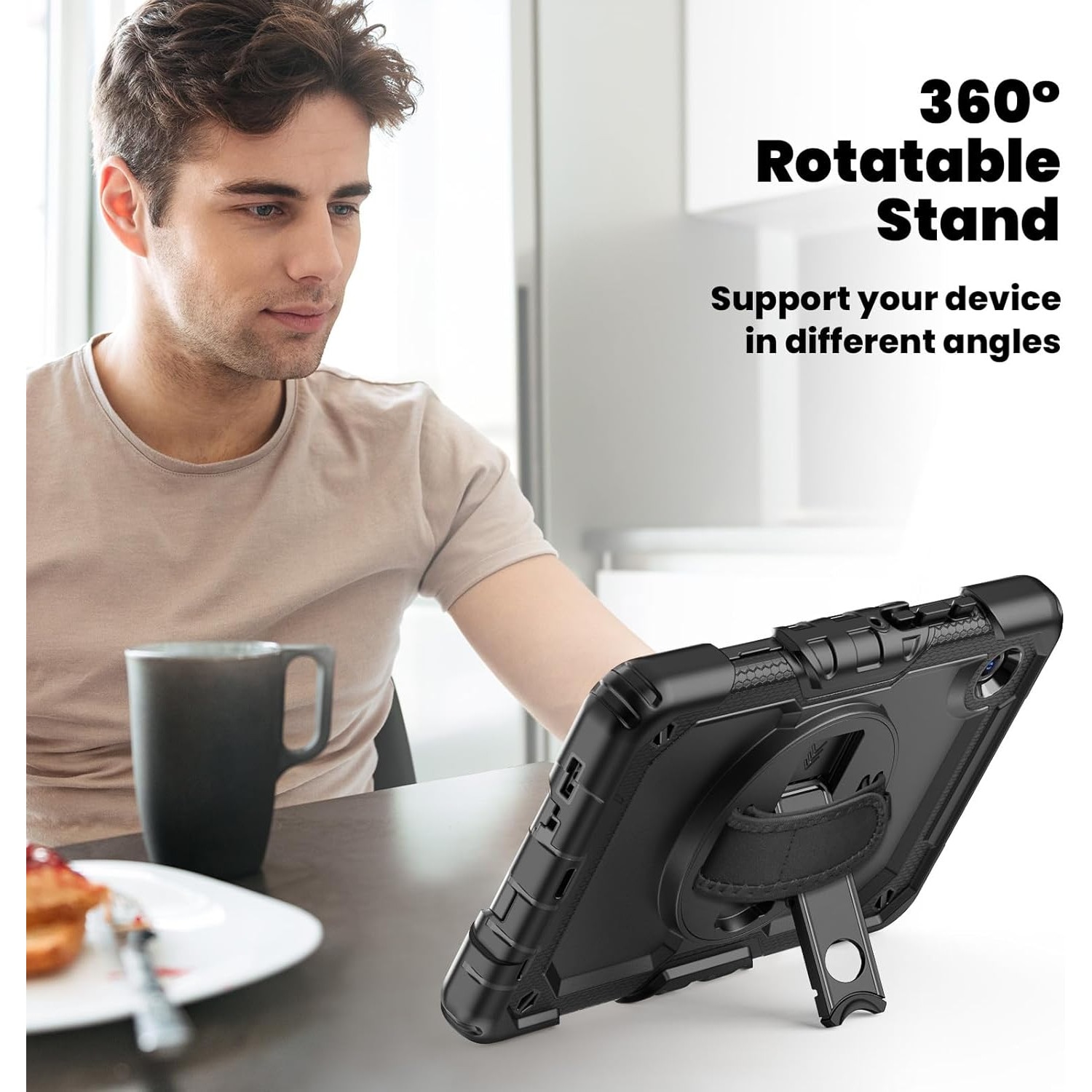 Pachet 360: Husa cu folie integrata pentru Samsung Galaxy Tab A11 Plus 11 inch Shockproof Armor de tip stand, Rotire 360°, Suport Reglabil si Curea de Mana & Umar - negru