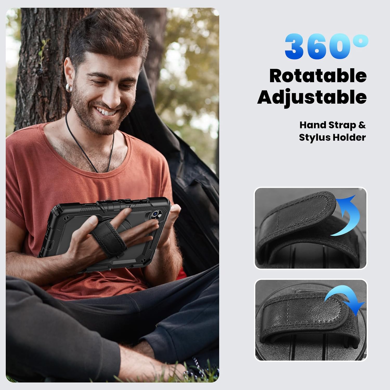Pachet 360: Husa cu folie integrata pentru Samsung Galaxy Tab A11 Plus 11 inch Shockproof Armor de tip stand, Rotire 360°, Suport Reglabil si Curea de Mana & Umar - negru