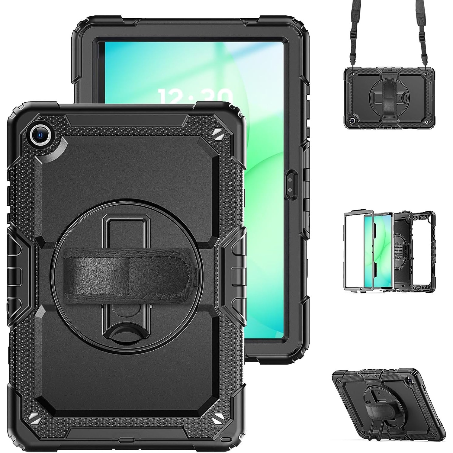 Pachet 360: Husa cu folie integrata pentru Samsung Galaxy Tab A11 Plus 11 inch Shockproof Armor de tip stand, Rotire 360°, Suport Reglabil si Curea de Mana & Umar - negru
