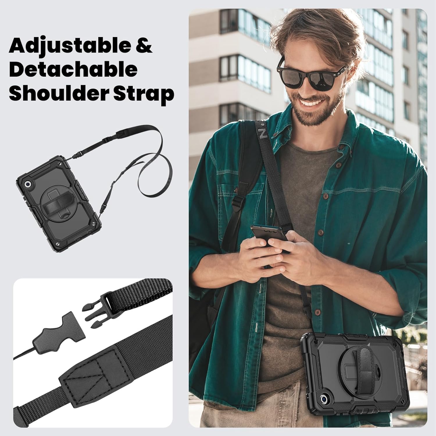 Pachet 360: Husa cu folie integrata pentru Samsung Galaxy Tab A11 Plus 11 inch Shockproof Armor de tip stand, Rotire 360°, Suport Reglabil si Curea de Mana & Umar - negru