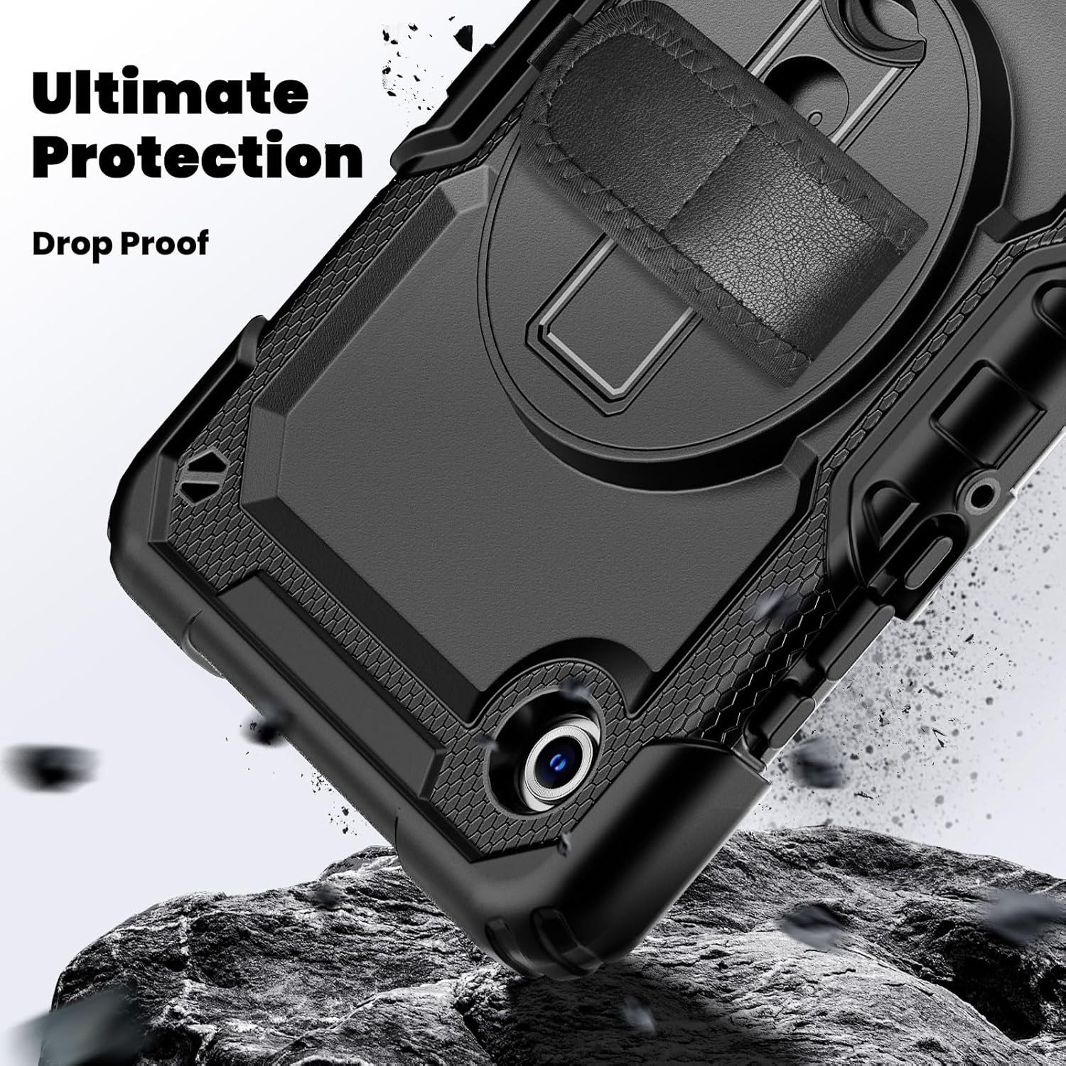 Pachet 360: Husa cu folie integrata pentru Samsung Galaxy Tab A11 Plus 11 inch Shockproof Armor de tip stand, Rotire 360°, Suport Reglabil si Curea de Mana & Umar - negru