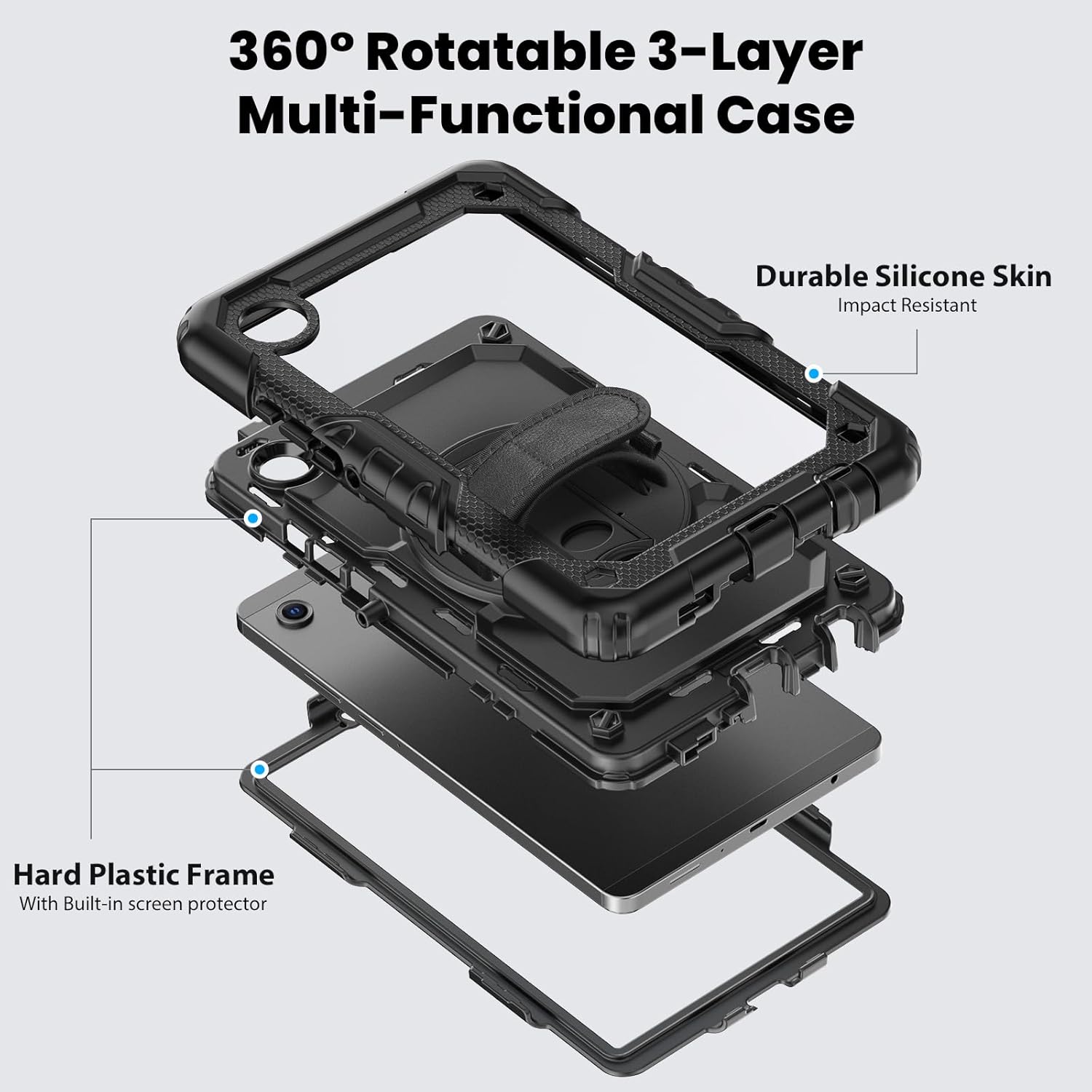 Pachet 360: Husa cu folie integrata pentru Samsung Galaxy Tab A11 Plus 11 inch Shockproof Armor de tip stand, Rotire 360°, Suport Reglabil si Curea de Mana & Umar - negru
