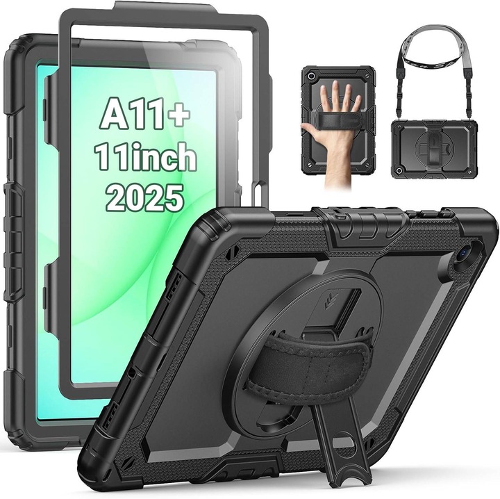 Pachet 360: Husa cu folie integrata pentru Samsung Galaxy Tab A11 Plus 11 inch Shockproof Armor de tip stand, Rotire 360°, Suport Reglabil si Curea de Mana & Umar - negru