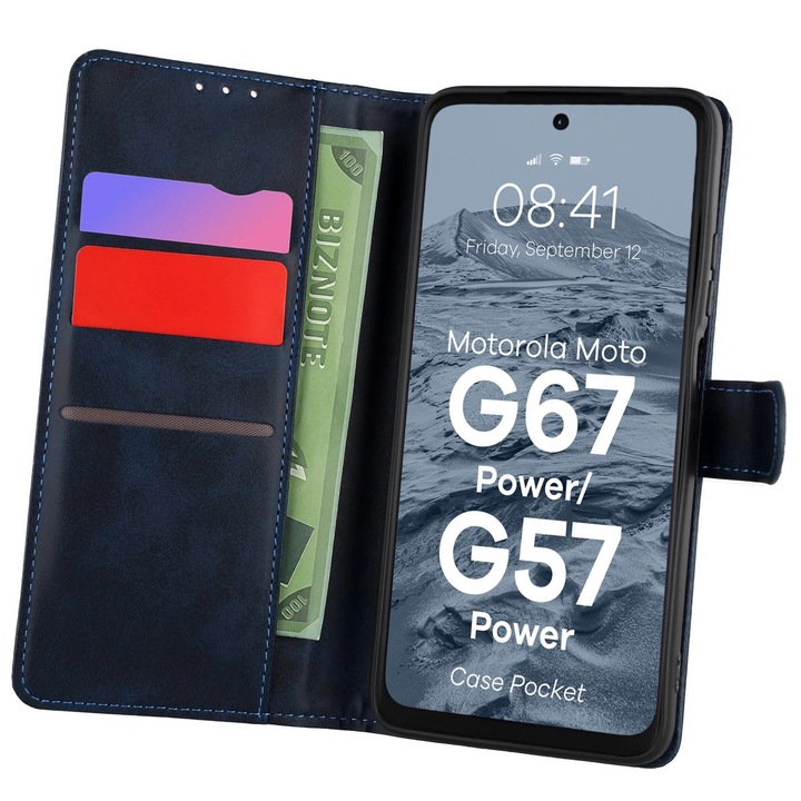 Husa tip carte Bizon Case Pocket pentru Motorola Moto G57 Power / G67 Power, albastru marin