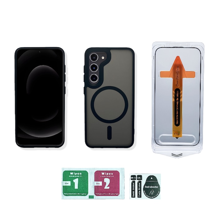 Комплект матов магнитен калъф с усещане за кожа + HD фолио Samsung Galaxy S22/S23, черен, пълна защита, автоматично поставяне