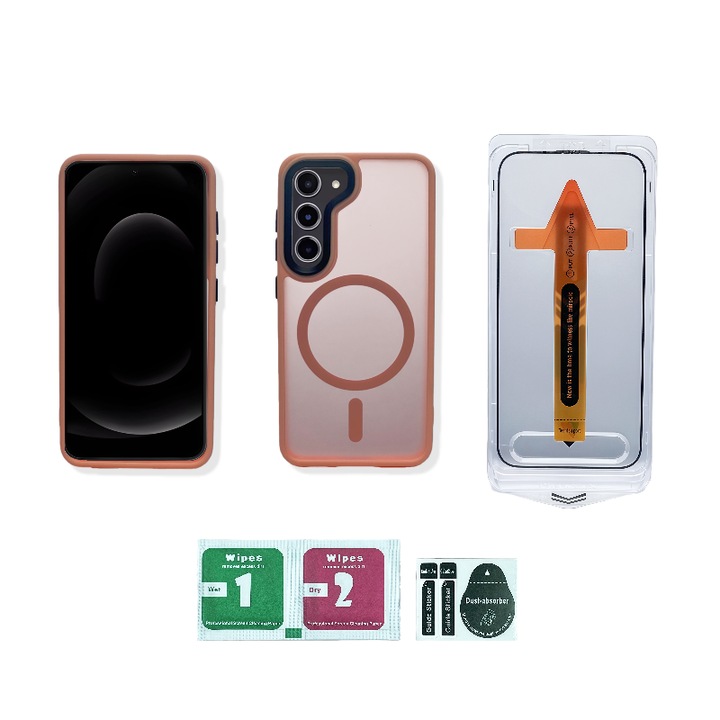 Комплект матов магнитен калъф с HD фолио за Samsung Galaxy S22/S23, розов, 18x9,5x2см – TPU+PC противоударен, устойчив на пръстови отпечатъци, пълна защита, с магнитен пръстен, MagSafe, безжичен