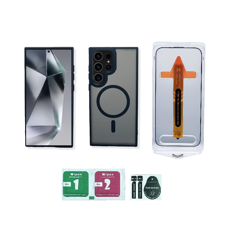 Комплект матов магнитен калъф + HD фолио за Samsung Galaxy S24 Ultra, черен, лек, издръжлив – TPU+PC противоударна, устойчива на пръстови отпечатъци, с магнитен пръстен, съвместима със S Pen, MagSafe и безжично зареждане