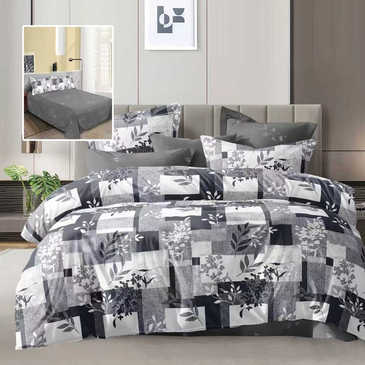 Economy dupla ágyneműgarnitúra 4 részes, lepedő 230x250 cm és paplan 200x230 cm, 2 párnahuzat 50x70, Fehér / Szürke Levélkék ECN60