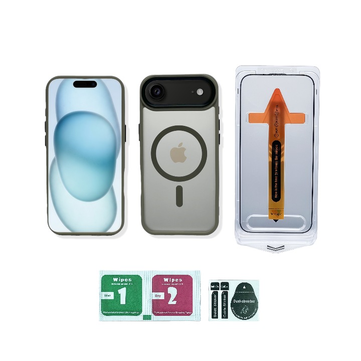 Set carcasa magnetica mata + folie HD iPhone 17 Air, gri, utilizare usoara – MagSafe Full Compatible, TPU+PC Premium, Finisaj Anti-amprenta