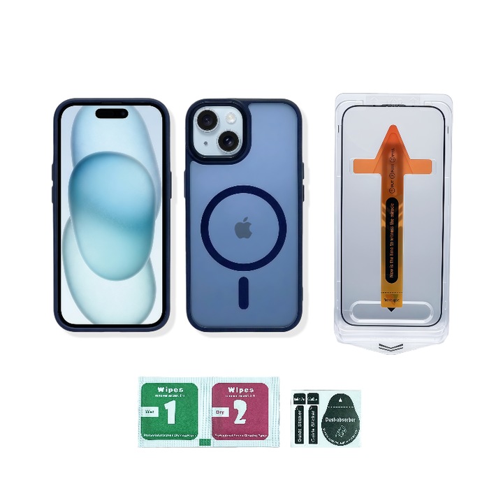Set carcasa magnetica mata si folie full-screen HD pentru iPhone 15, albastru, 3 in 1 – MagSafe Full Compatible, TPU+PC Antichoc, Finisaj Anti-amprenta