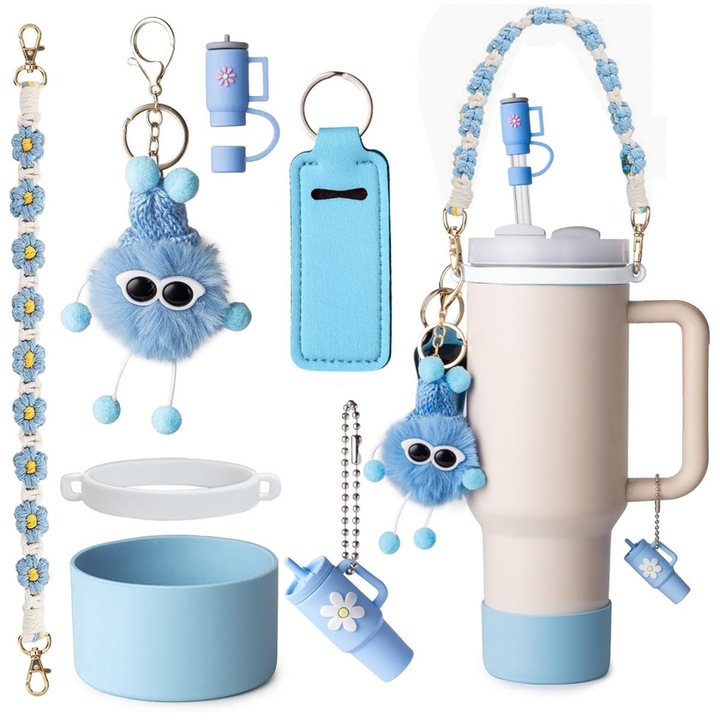 Set accesorii termos, XONGSOR, cu centura maner, talpa silicon, pentru 890ml/1200ml, Albastru