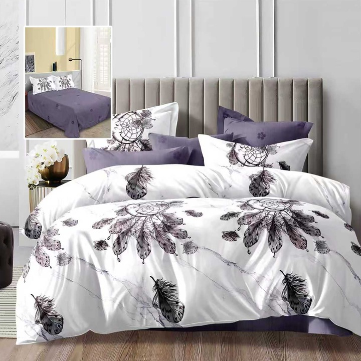 Economy kétszemélyes ágynemű garnitúra, 4 részes, lepedő 230x250 cm és paplan 200x230 cm, 2 párnahuzat 50x70, Fehér / Lila Tollak ECN57