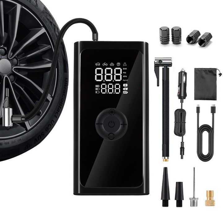 Pompa de aer auto portabila fara fir, 150 PSI, afisaj digital dublu, presetare presiune & oprire automata, 3500 mAh, LED, incarcare Type-C, auto/moto/bicicleta/minge, Cadou husa + 4 Capace ventil