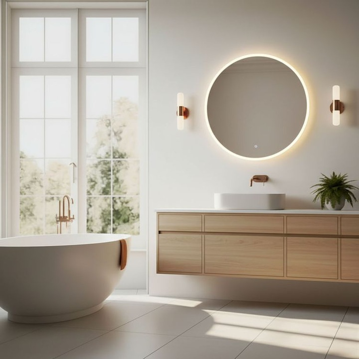 LED огледало за баня, Кръгло, 60 см, с тъч превключвател за 3 цвята (3000K/4000K/6500K), Работи на 110–220V AC / 50–60Hz, Модерен дизайн