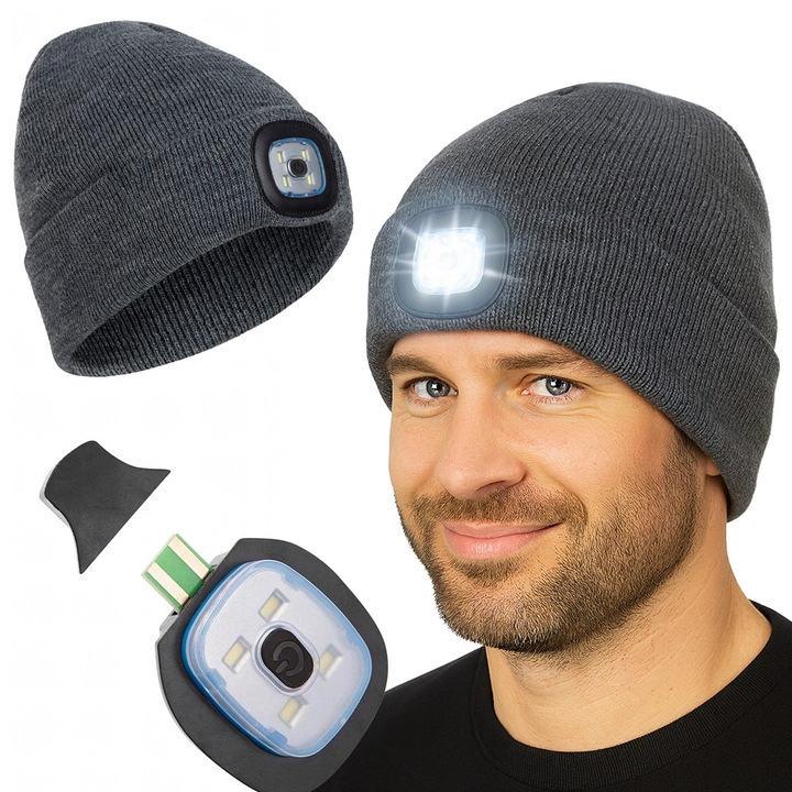 Téli sapka LED-es zseblámpával, 3 fénymód, dupla anyag, univerzális méret, szürke