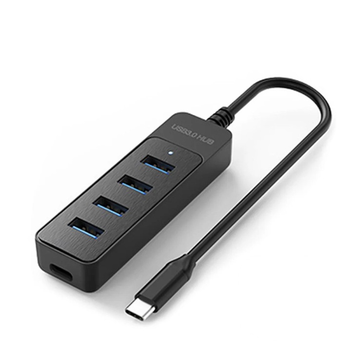 USB Type-C 2.0 хъб, 4 USB порта, Type-C захранване, 30см, черен