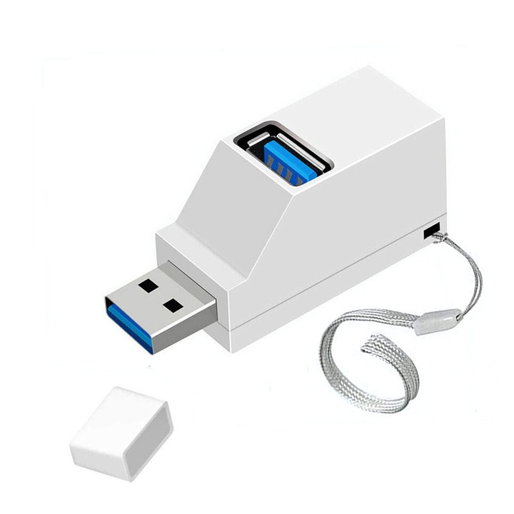 Hub portabil USB 3.0, 3 porturi, alb, dimensiuni 44.5x18x22mm