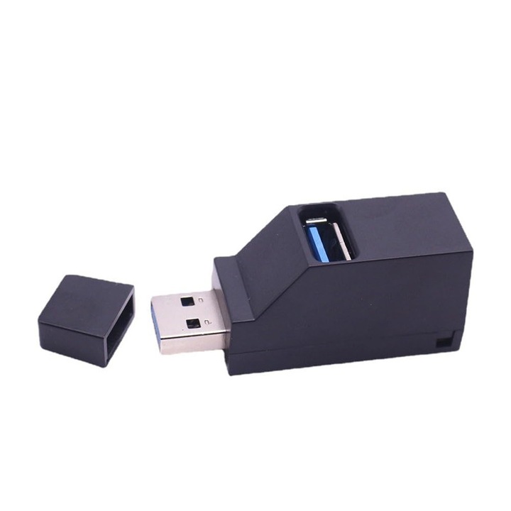 Hordozható USB 3.0 hub, 3 portos, fekete, mérete 44.5x18x22mm