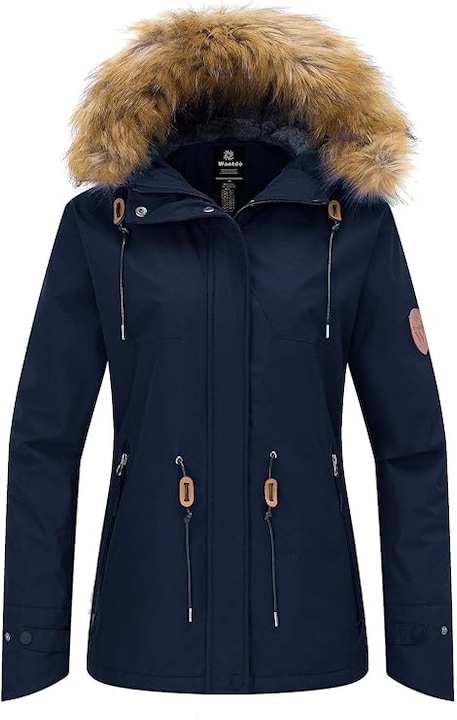 Geaca de Iarna pentru Femei – Impermeabila 10.000mm, Calduroasa, cu Gluga si Captuseala de Blana, Buzunare Multiple, Design Elegant, Marimea L, Bleumarin