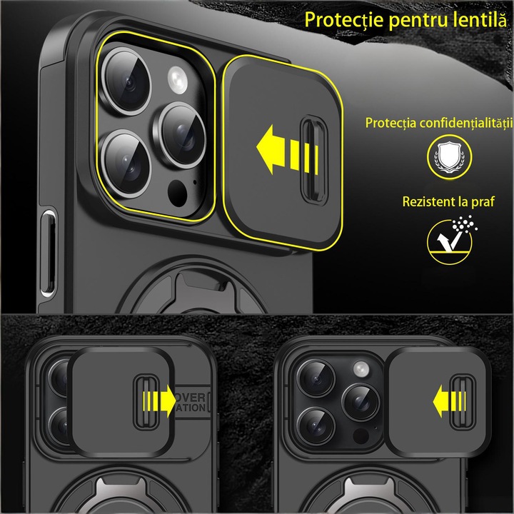 Husa telefon, suport, silicon, negru, compatibila cu iPhone 16 Pro