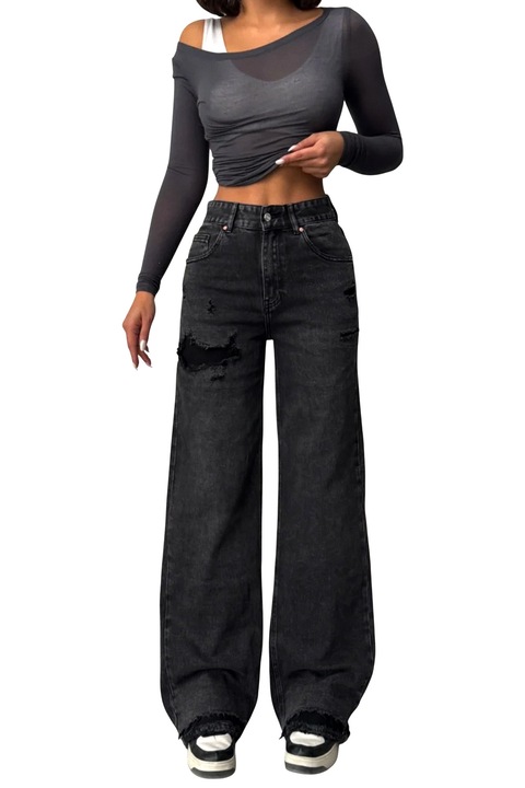 Blugi MYLANO wide leg cu elastan si perforatii, Negru