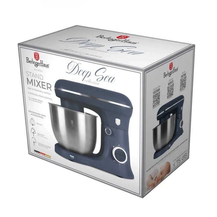 Roboț de bucătărie Berlinger, 1500W, bol inox 5L, albastru mat, 6 viteze