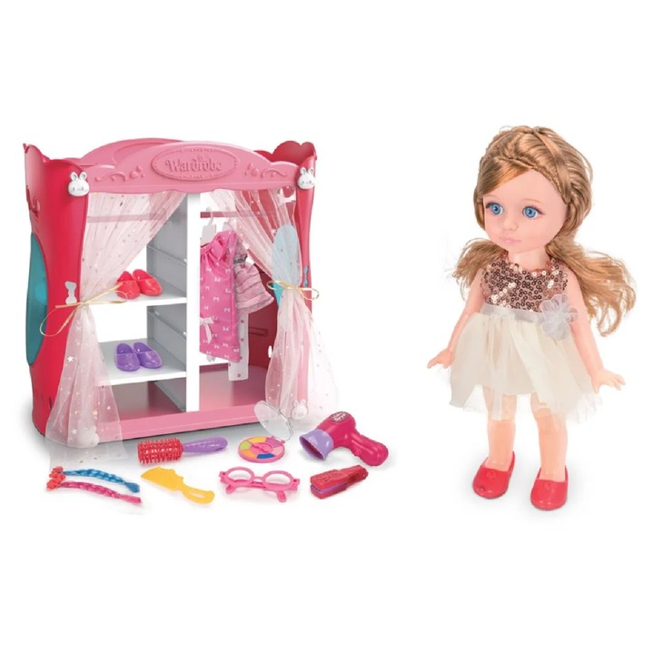 Set Papusa 32cm si Dulap de Joaca cu Accesorii, Lumi LUXURY, Multicolor, 3 ani