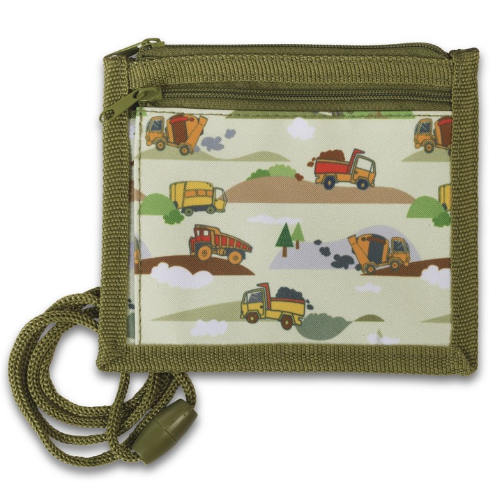 Portofel copii Fabrizio F20673 14x12 cm, poliester rezistent, tip ecuson, inchidere cu fermoar, model camioane, kaki
