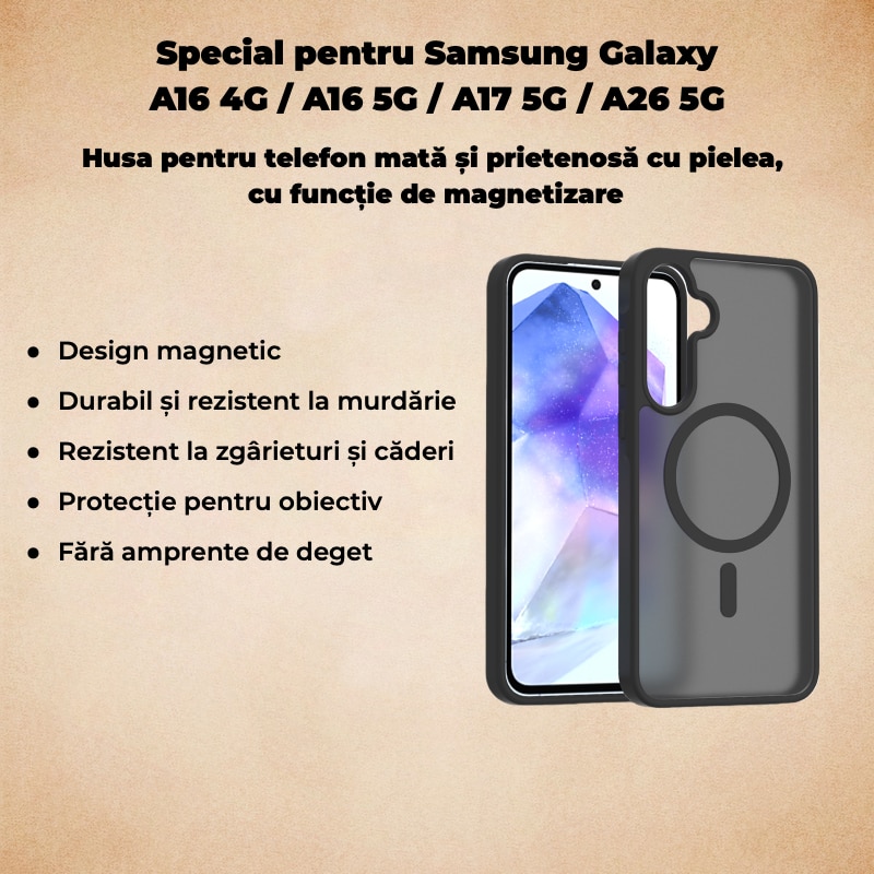 Carcasa magnetica pentru Samsung Galaxy A16/A17/A26 5G, antichoc, rezistenta la zgarieturi, negru, dimensiuni 18x9, 5x2cm