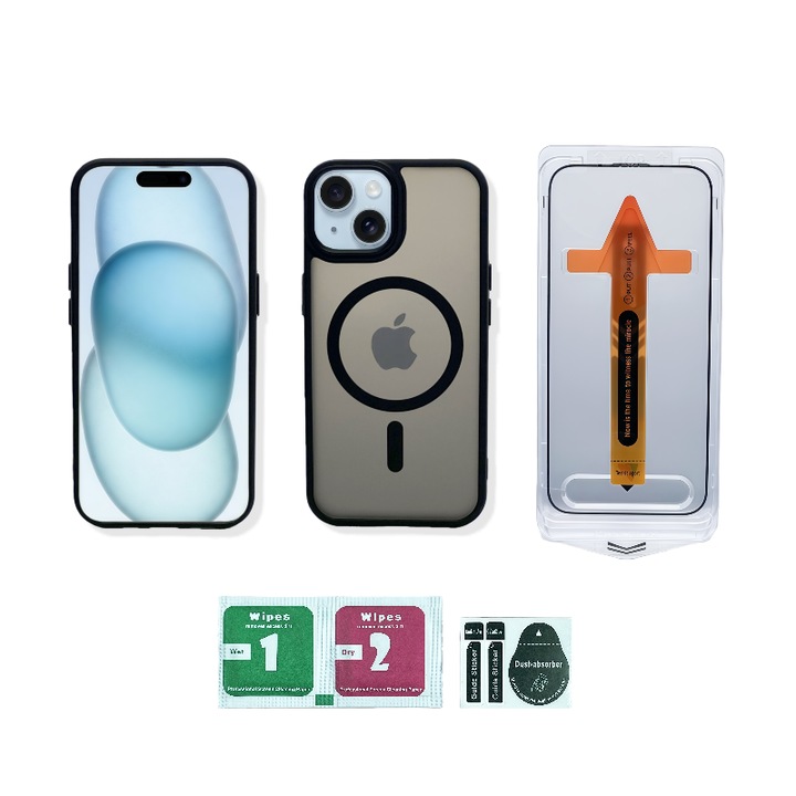 Set carcasa magnetica mata + folie full-screen HD pentru iPhone 15 Plus, negru, 3 in 1, antichoc, duritate 9H – MagSafe Full Compatible, TPU+PC Premium, Finisaj Anti-amprenta