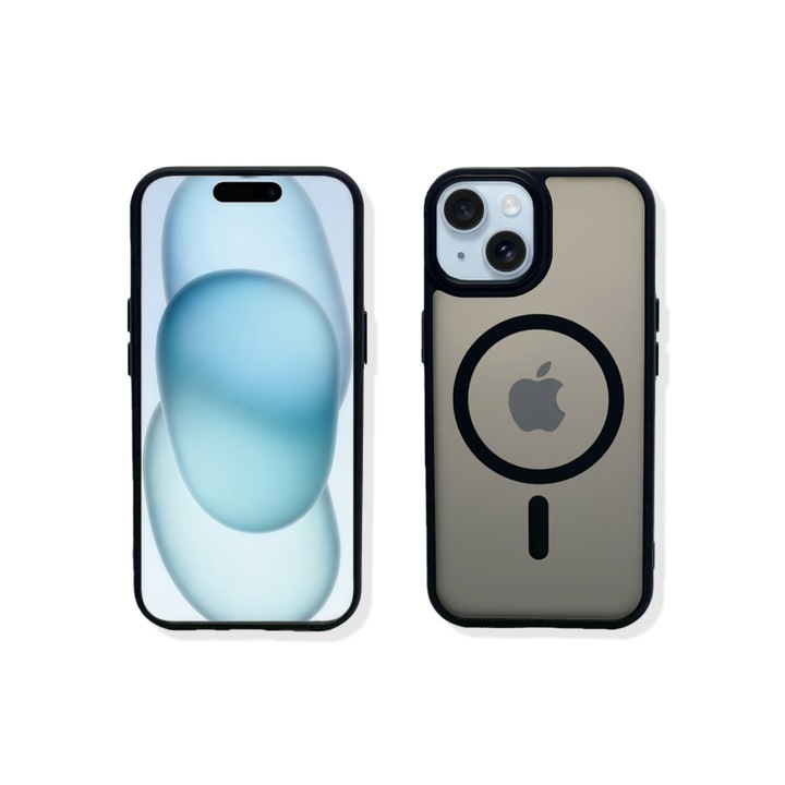 Carcasa magnetica pentru iPhone 15 Plus – negru, textura mata placuta la atingere, rezistenta la amprente, TPU+PC antichoc, compatibila cu MagSafe, mai multe culori disponibile