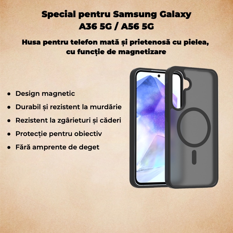 Carcasa magnetica pentru Samsung Galaxy A36/A56 5G, TPU+PC, finisaj mat, negru, set disponibil – Rezistenta la Amprente, Antichoc, Cu Inel Magnetic, MagSafe, Wireless