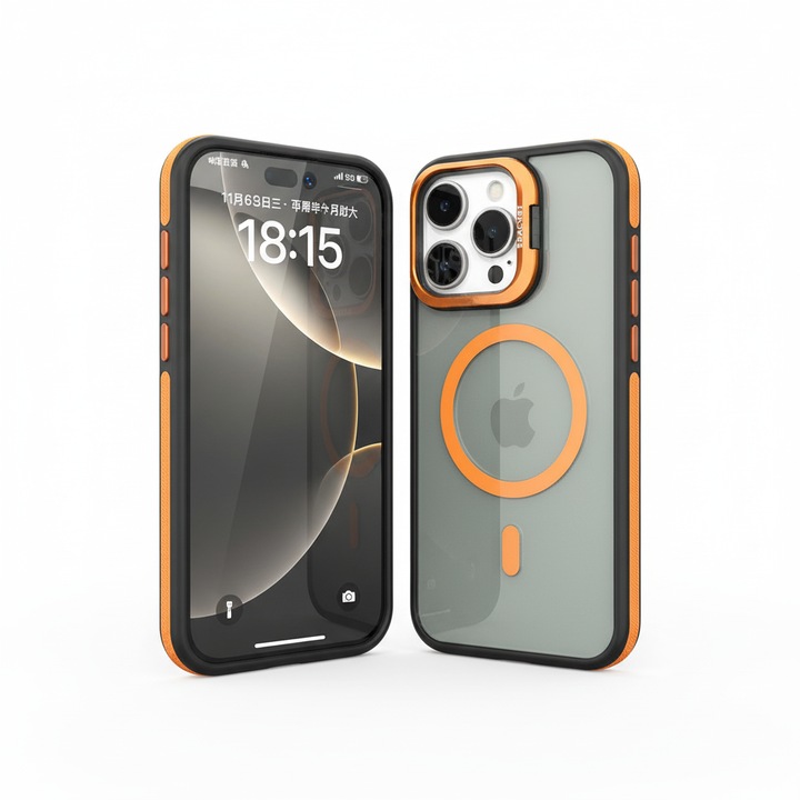 Калъф DaDen CamBracket за iPhone 15 Pro, противоударен, със стойка, оранжев, TPU