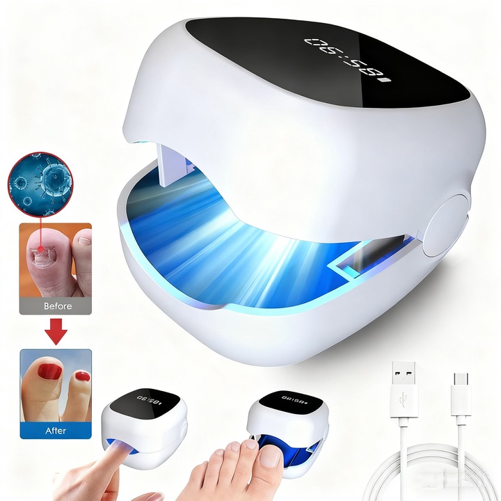 Dispozitiv pentru tratarea ciupercii unghiilor, cu surse duale de lumina rosie si albastra pentru sterilizare si reparare puternica, fototerapie pentru onicomicoza, Ecran digital, model portabil