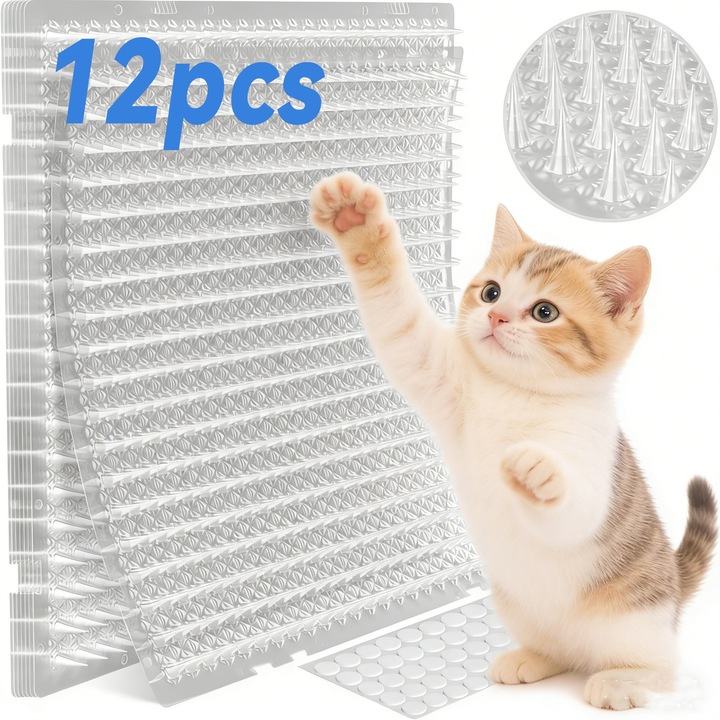 Perna repelenta pentru pisici cu tepi, set de 12 bucati, plus 30 de autocolante transparente, nu va face rau pisicii tale, 42x34cm