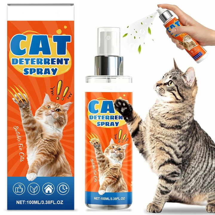 Spray repelent pentru pisici, formula delicata, spray auxiliar pentru dresaj la interior si exterior, agent antizgarieturi pentru mobila, canapele, covoare si perdele, 100 ml