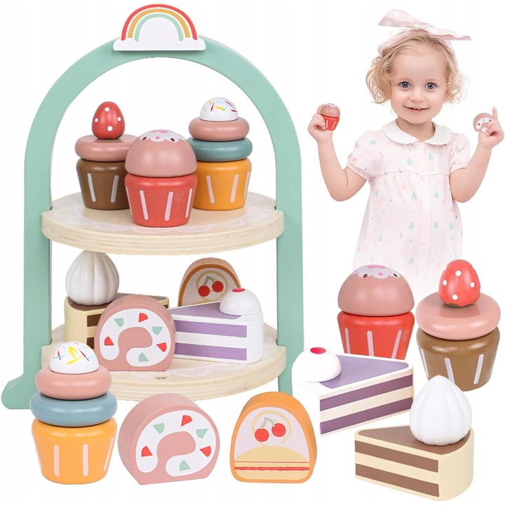 Комплект дървени играчки, LandToys, стойка за торти и мъфини, 9 части, многоцветен, 19,5x19,5x25,5 см
