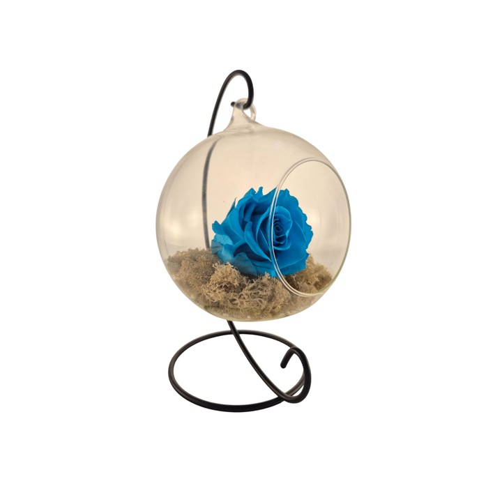 Glob din sticlă suspendat cu trandafir criogenat turcoaz și licheni albi, 20x12cm, FloraVelle
