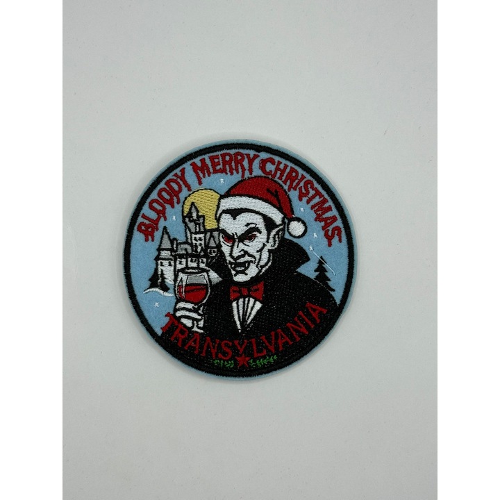 Patch brodat/ Emblema suvenir Romania - model Dracula Bloody Merry Christmas, termoadesiv, aplicabil prin calcare