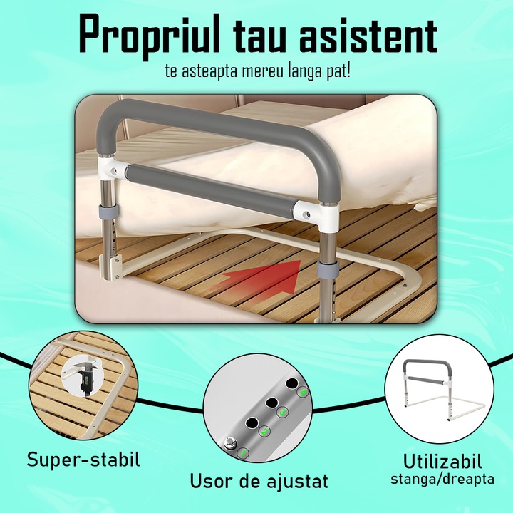 Bara laterala de sprijin cu maner antiderapant pentru pat, ajustabila pe inaltime, cu 2 zone de prindere, din metal, talpa stabila aplatizata, alb cu gri