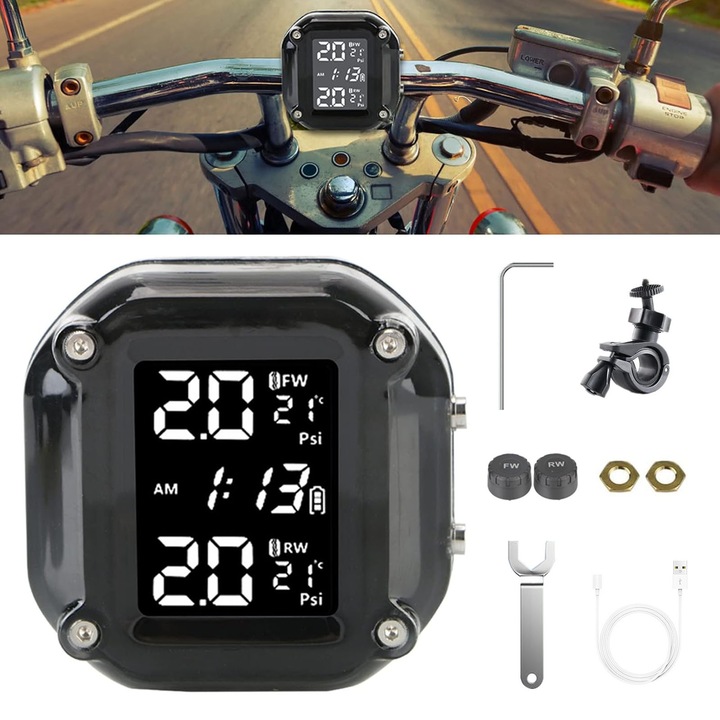 Sistem monitorizare presiune pneuri, asskanaer, Sistem extern de monitorizare presiune anvelope masina, Fara fir cu senzori externi, Afisaj LCD, Digital, Impermeabil, IP65, Incarcare solara si USB, PC, 6*5.5*3 mm, Negru